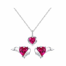 1.00 Ct Red Ruby Heart Solitaire Wings Earrings 925 Silver Necklace Jewelry Set - £55.81 GBP+