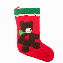 Christmas Stocking Charming Teddy Bear w Heart Red w Green Inside f 16&quot; ... - £14.49 GBP