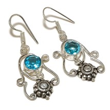 Swiss Blue Topaz Round Gemstone 925 Silver Overlay Handmade Dangle Drop Earrings - £7.90 GBP