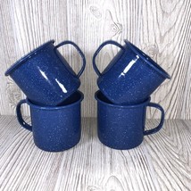 4 Blue Metal Tin Enamel Mugs Cups White Speckles Camping Backpacking Coffee - $304.30 MXN