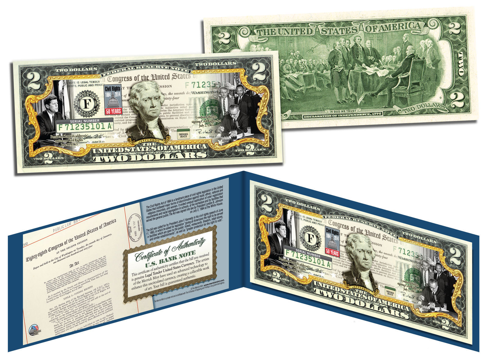 CIVIL RIGHTS ACT OF 1964 *50th Anniversary* Legal Tender U.S. Colorized $2 Bill - $13.98