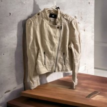 H&amp;M Womens Jacket Moto Style Size 10 Beige Linen Cotton Blend Zip Pockets  - £26.44 GBP