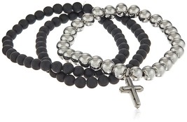 Set of Three Black Lava &amp; Silver Stainless Beaded Holy Cross Charm Bracelets NWT - £23.38 GBP