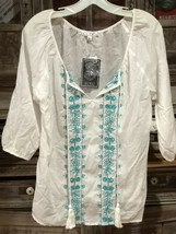 TCBC BLOUSE WHITE WITH GREEN FLOWERED EMBROIDERY SIZE L NEW W TAGS - $49.50