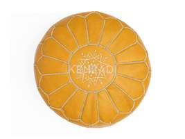 Moroccan leather pouf, round pouf, berber pouf, Yellow pouf with White e... - £54.13 GBP