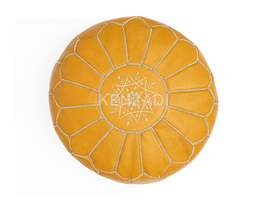 Moroccan leather pouf, round pouf, berber pouf, Yellow pouf with White embroider - £51.57 GBP