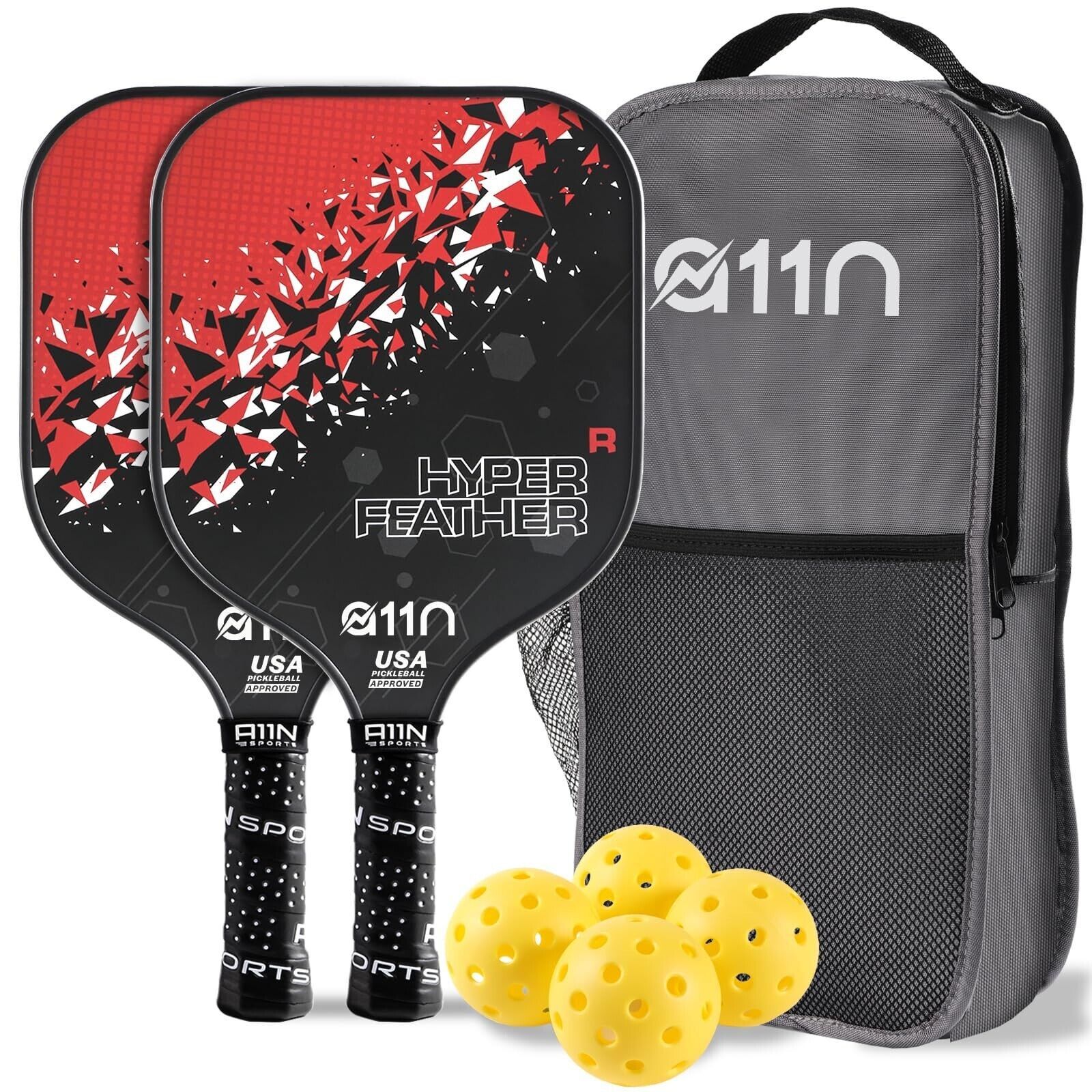 A11N Hyperfeather R Pickleball Paddles Set Of 2 Rackets With 4 Outdoor Balls ...