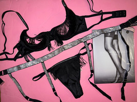 Victoria&#39;s Secret S,M Bra Set+Garter+Thong+Robe Satin Black Fringe Shine Strap - £79.37 GBP