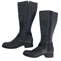 Clarks women 9M Blue Black Leather Riding Mid Calf zip Buckle heel boots - $29.91