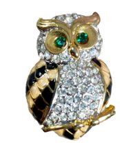 Vintage Crystal Owl Pin Brooch  rhinestone Green Eyes 1.5 Horned Black &amp; Cream - £6.96 GBP