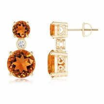Natural Citrine Round Drop Earrings with Diamond in 14K Gold (Grade-AAAA , 8MM) - £578.30 GBP