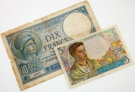 Lote De 2 Guerra Mundial Francia Notas (1916 10 VG 1943 5 MB) Bonito - $1,137.52 MXN