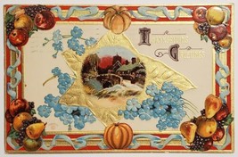 Thanksgiving Day Fruit Border Town Scene Leaf Gold Gilt Postcard V22 - £9.52 GBP