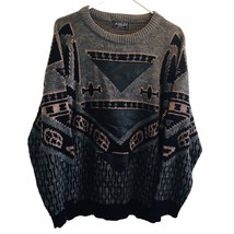 RARE Vtg Ashley Knit Crazy All Over Print Sweater Leather L/XL See Measu... - £37.22 GBP