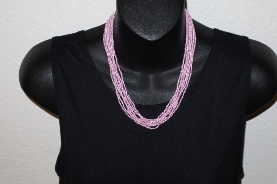 Multi 9 Strand Pink Colorful Glass Seed Bead Necklace 18&quot; Gold Tone Fashion - $11.40