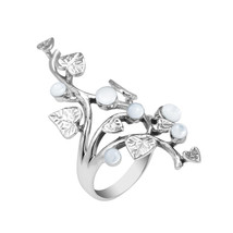 Beautiful Vine Leaf Round White MOP .925 Silver Ring-8 - £21.46 GBP