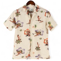 Bather Button Up Shirt Mens Medium Beige Graphic Print Pin Up Girls Cotton - $32.47