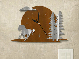 15in W Western Theme Full Moon Wall Clock - Horse and Trees - $104.00