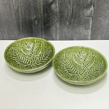 2 Olfaire Portugal Majolica Green Raised Design Fern Leaf Soup Cereal Bowls 6&quot; - £18.98 GBP