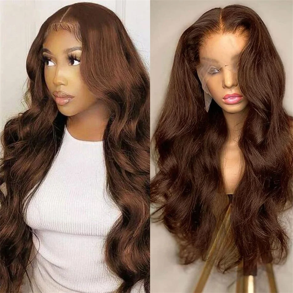 13x6 Glueless Chocolate Brown Lace Front Human Hair Wigs For Women Body Wa - £35.75 GBP+
