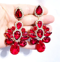 Rhinestone PIERCED Earrings, Chandelier Drop Earrings, Red Pageant Earrings, Gif - £37.73 GBP