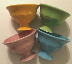 Set of 4 Ceramic Orange Green Pink Blue Cereal Dessert Glossy Stem Bowl - £21.20 GBP
