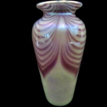 Ornamental Blown Glass OBG Purple Pulled Feather MOP Iridescent Vase Mar... - £50.55 GBP
