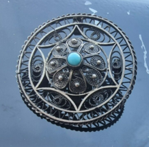 ANTIQUE ART DECO SILVER TONE NATURAL TURQUOISE FILIGREE BROOCH PENDANT - $35.64