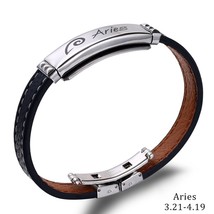 12 Constellations Cuff Bracelet Fashion Charm Jewelry Black Leather Stainless St - £11.08 GBP