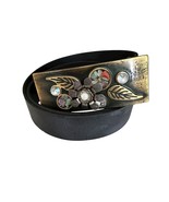 SERENO Italian Black Leather Belt With Metal Buckle Floral Embellished XL - $703.88 MXN