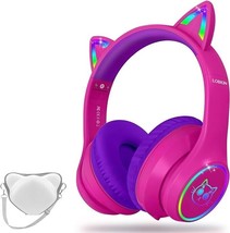 LOBKIN Foldable Bluetooth Kids Headphones with Case w/ RGB LED Light Up Cat Ears - £19.84 GBP