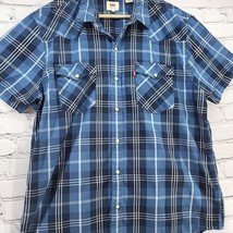 Levis Western Shirt Mens Sz XL Blue Plaid Pearl Snap Short Sleeve - $24.74