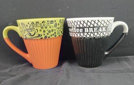 &quot;Coffee Break&quot; Set of 2 Large Mugs By Today&#39;s Home 16oz Orange/Green Bla... - £10.90 GBP