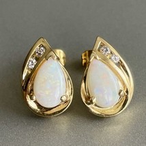 Estate 14K Gold Diamond White Fire Opal Pear Shape Stud Earrings - £373.43 GBP