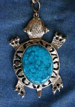 Fabulous Large Ancient Style Faux Turquoise Silver-tone Turtle Pendant Necklace - £15.80 GBP