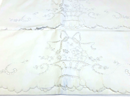 2 Vintage Pillowcases White Cutwork Maderia Embroidery Basket 34 in L 20 in W - $34.73