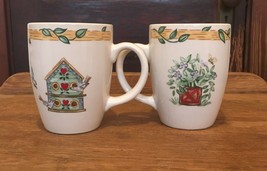 Pair of Thompson Pottery Mugs Floral Birdhouse Flowers Birds Mugs - $9.74