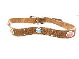 Elite of California Vintage Belt Brown Leather Stamped Western Stones M - £16.51 GBP