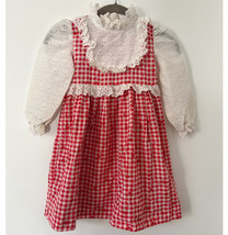 Vintage Miss Quality Girls Dress 6 Red White Check Eyelet Lace Trim - $37.23