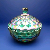 Whitehall Iridescent Candy Dish &amp; Lid Indiana  Green Carnival Glass Original Box - $47.52