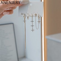 ANENJERY Silver Color Zircon Star Tassel Chain Earrings For Women Simple Mix-and - $19.43