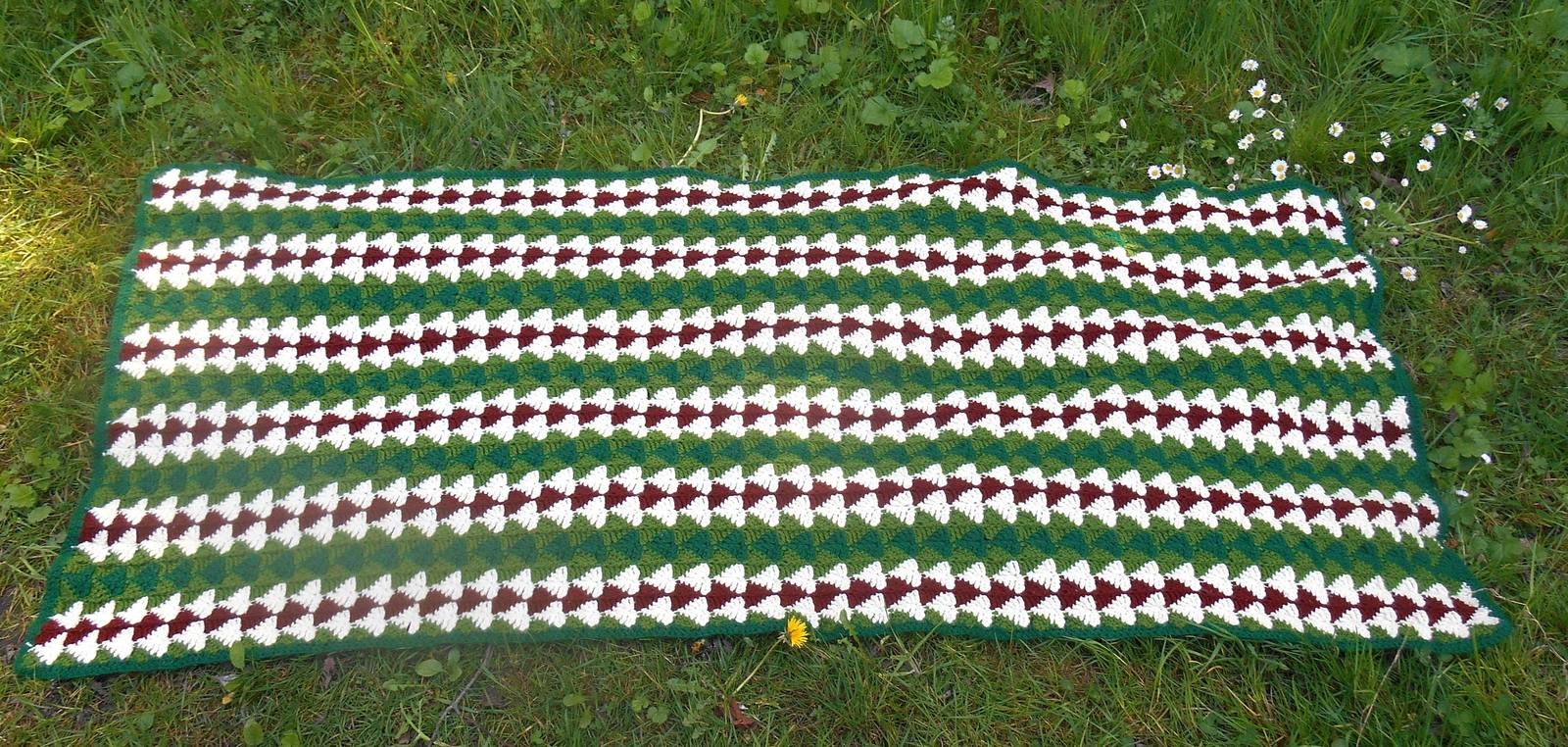 Vintage Afghan Blanket Triangles in Greens, Rust Brown & Cream Crochet Woodland  - $44.00