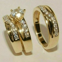925 Silver Gold Plated His/Hers Bridal Band Trio Ring Set Simulated Diamond - £81.83 GBP