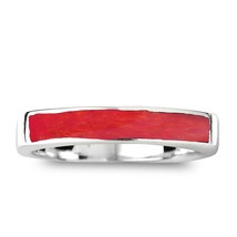 Rectangular Bar Red Coral Stone Inlay Sterling Silver Ring-8 - £15.17 GBP