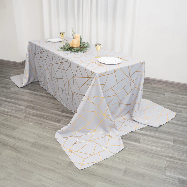 Silver - Rectangle Polyester Tablecloth Gold Foil Geometric 90&quot;x156&quot;  - £43.17 GBP