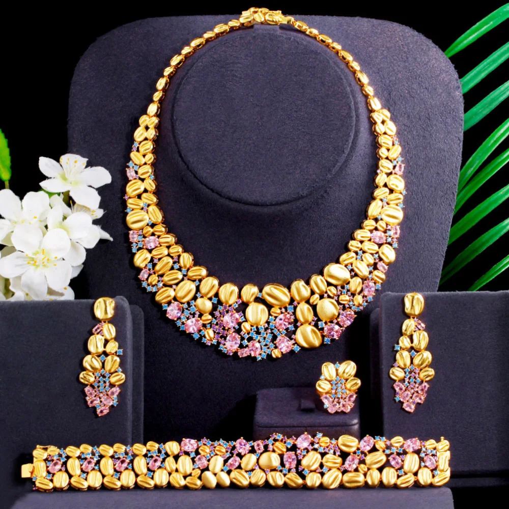 Magnificent 4Pcs Pink Blue CZ Stone Indian Gold Luxury Bridal Wedding Ch... - $114.45
