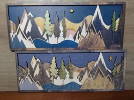 Rustic 3D Wooden Wall Art Multicolor Mountain Scenes Night Day 15.75x6.25 Cabin - £32.63 GBP