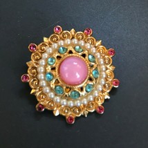 Vintage Small Layered Goldtone Pink &amp; Blue Rhinestone w Faux White Pearls &amp; Cent - £8.88 GBP