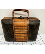 Vintage Wood &amp; Bamboo Floral Leather Asian Inspired Boho Purse 7.5x5x3.5” - £31.24 GBP