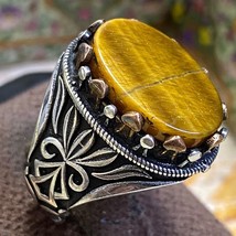 Natural Tiger Eye Stone 925 . Sterling Silver Turkish Handmade Men Ring All Size - £51.43 GBP